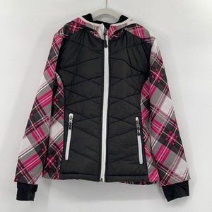 Snozu Girls Winter Hooded Jacket Preppy Plaid Print Faux Fur Lined Size M 10-12